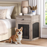 HOOBRO dog crate furniture with drawer and charging station, ideal for charging devices while pets relax.
