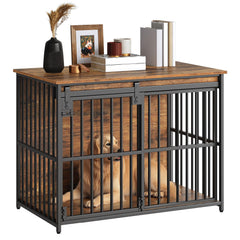 HOOBRO dog crate furniture front view with sliding door and secure latches