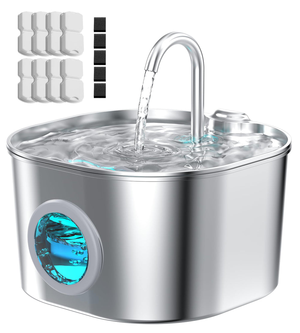 HOOISE cat water fountain front view showing durable stainless steel for clean drinking.
