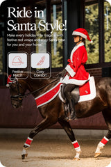 HORZE red leg wraps add festive look while keeping legs warm during rides.