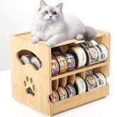 HOSASSPER upgraded bamboo cat food can organizer front view showing easy-access shelves.