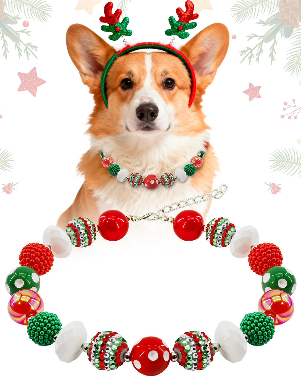 Hosiwei Christmas dog collar red green beads closeup for festive photos and daily wear