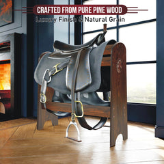 HOTCAN pine wood rack back detail with horse badge for authentic Western styling.