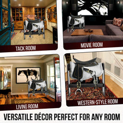 HOTCAN Pine wood saddle rack front with horse badge accent and Western charm.