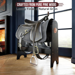 HOTCAN Saddle rack with shelf displaying grooming tools within easy reach.