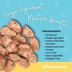 Hotspot Pets Freeze Dried Chicken Hearts bag back—ingredient highlights and USA-made note.