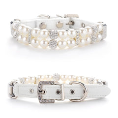HOWWFALY dog-cat pearl collar closeup buckle shows secure fit and sparkle.