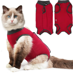 Hpetppy cat recovery suit front view in red; wound protection in action