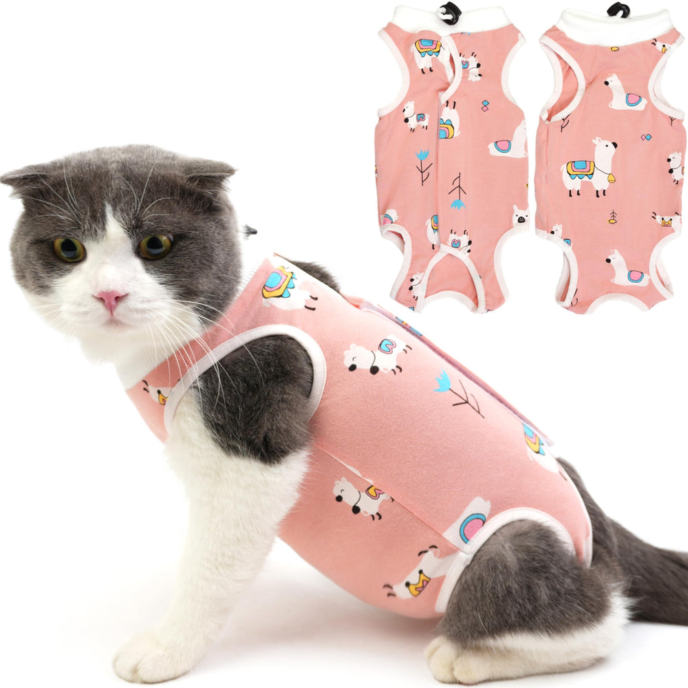 Hpetppy cat recovery suit front view demonstrates safe post-surgery wear