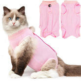 Hpetppy cat recovery suit pink front view for post-surgery protection and comfort.