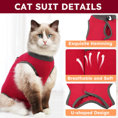 Hpetppy cat recovery suit rear opening enables litter use in red