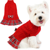 Hpetppy dog sweater dress red bowtie front view—cozy warmth for small dogs.