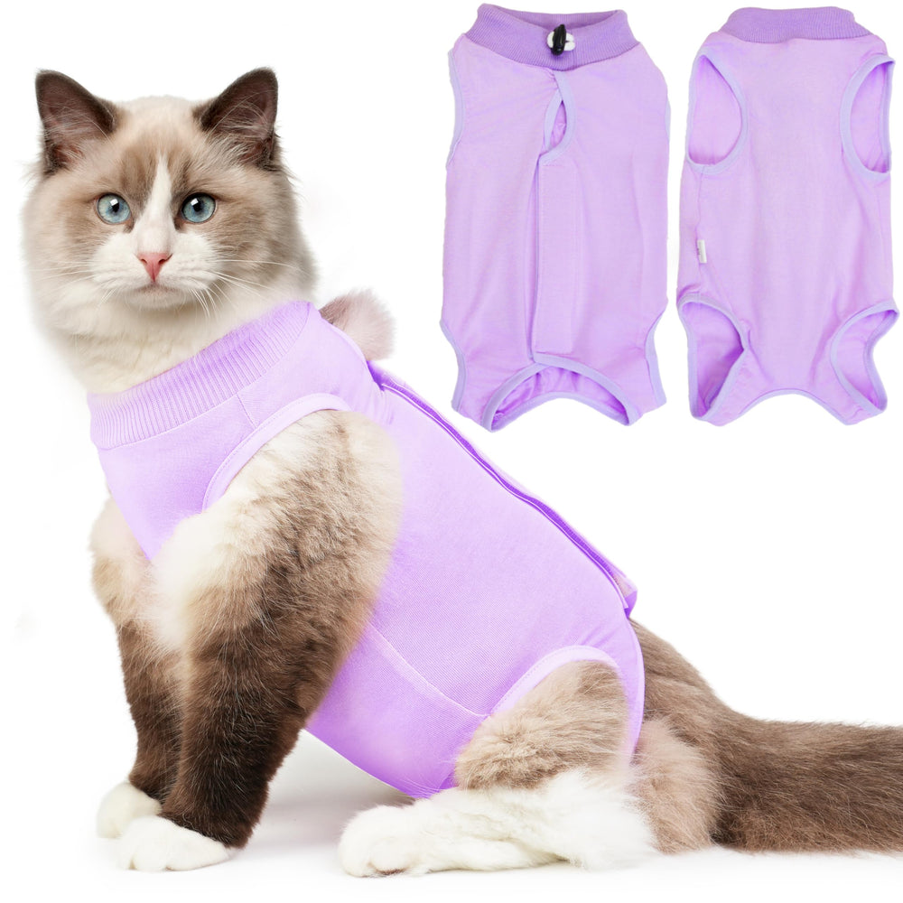 Hpetppy purple cat recovery suit model wearing for post-surgery protection and comfort.