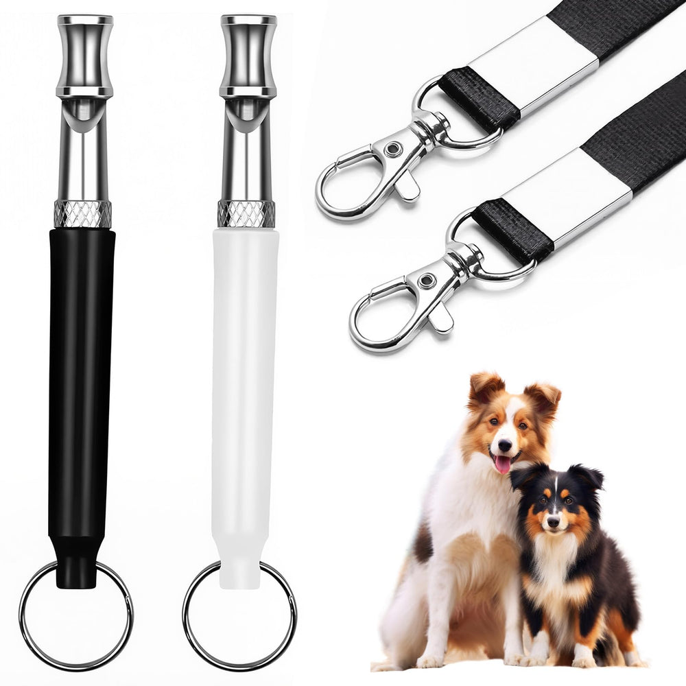 HRXMS dog whistle 2-pack closeup in black and white for portable bark control.