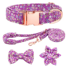 HSIGIO dog collar and leash set close-up showcases breathable cotton fabric and purple floral design.