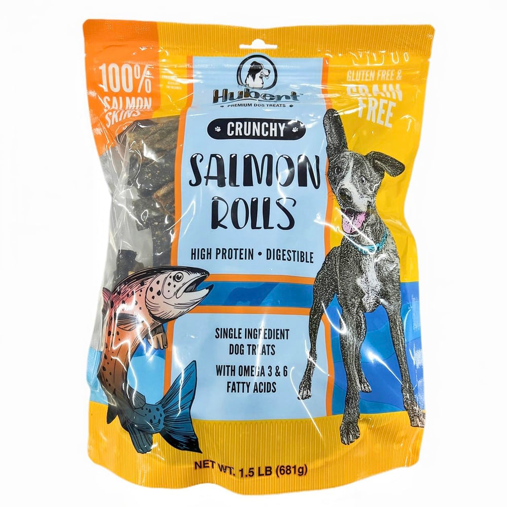 Hubert Premium Dog Treats salmon skin rolls pack front highlights a protein-rich snack for training rewards.