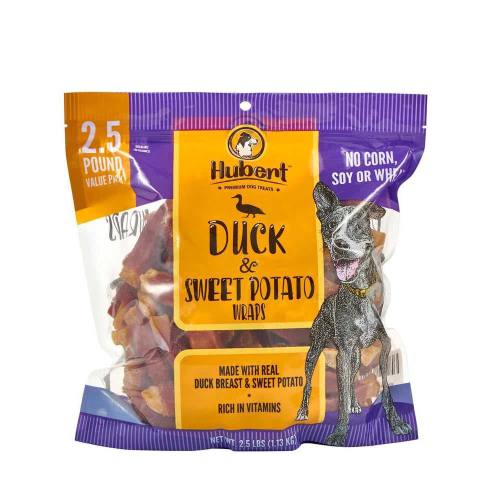 Hubert Premium Duck and Sweet Potato Wraps bag front, showing premium ingredients.