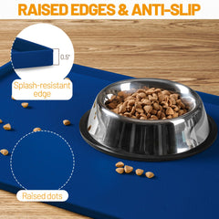 Hubulk dog feeding mat navy bowls stay put on a non-slip surface.