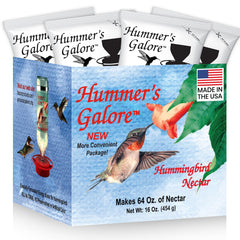 Hummer's Galore ready-to-mix nectar powder for quick, preservative-free hummingbird feeding.