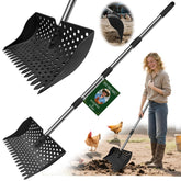 HUMUMU 12-inch 2-in-1 scooper-rake in action for quick coop cleanup.