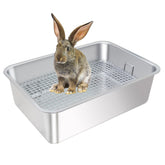 huqizoo large stainless steel rabbit litter box front view highlighting wide grid for clean paws.