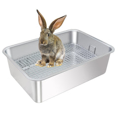 huqizoo large stainless steel rabbit litter box front view highlighting wide grid for clean paws.