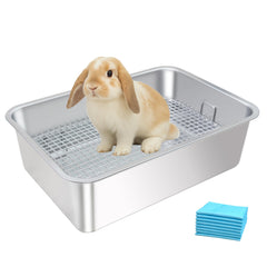 Huqizoo stainless-steel rabbit litter box front view demonstrates durable, rust-proof construction for easy maintenance.