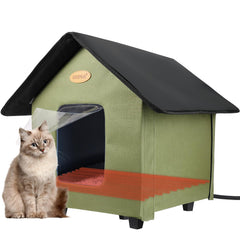 HXPLN heated outdoor cat house outdoors in green, provides winter warmth for outdoor cats