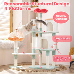 HYABI Flower Cat Tree side view highlighting anti-tip base stability for large cats