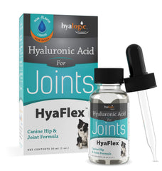 Hyalogic HyaFlex bottle closeup showing convenient dog joint support.