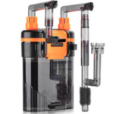 Hygger external hang-on-back filter pump and inlet for space-saving filtration in small tanks.