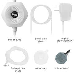 hygger Ultra Silent 1.5W mini air pump with accessories shows all-in-one setup