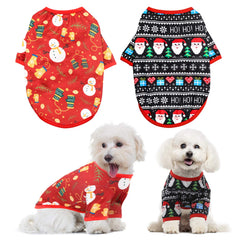 HYLYUN dog Christmas shirt two-pack front view with festive prints for small pets