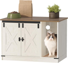 Front view of Hzuaneri cat litter box enclosure in rustic brown and white with hidden litter