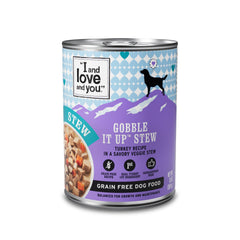I AND LOVE AND YOU Gobble It Up Stew can-closeup shows protein-rich turkey chunks in gravy.