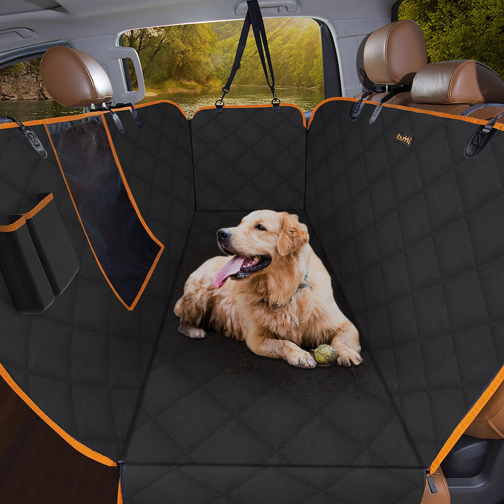 iBuddy dog seat cover hammock setup image demonstrates full back-seat protection on road trips.
