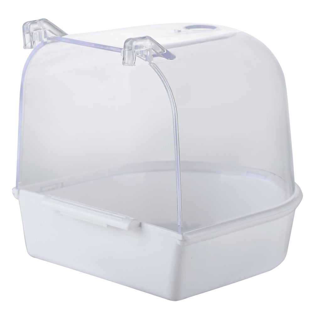 IBWell clear bird bath hanging inside a small bird cage for easy bathing.