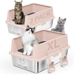 ICYAIR 2-pack XL stainless steel litter box set shown side by side for multi-cat homes