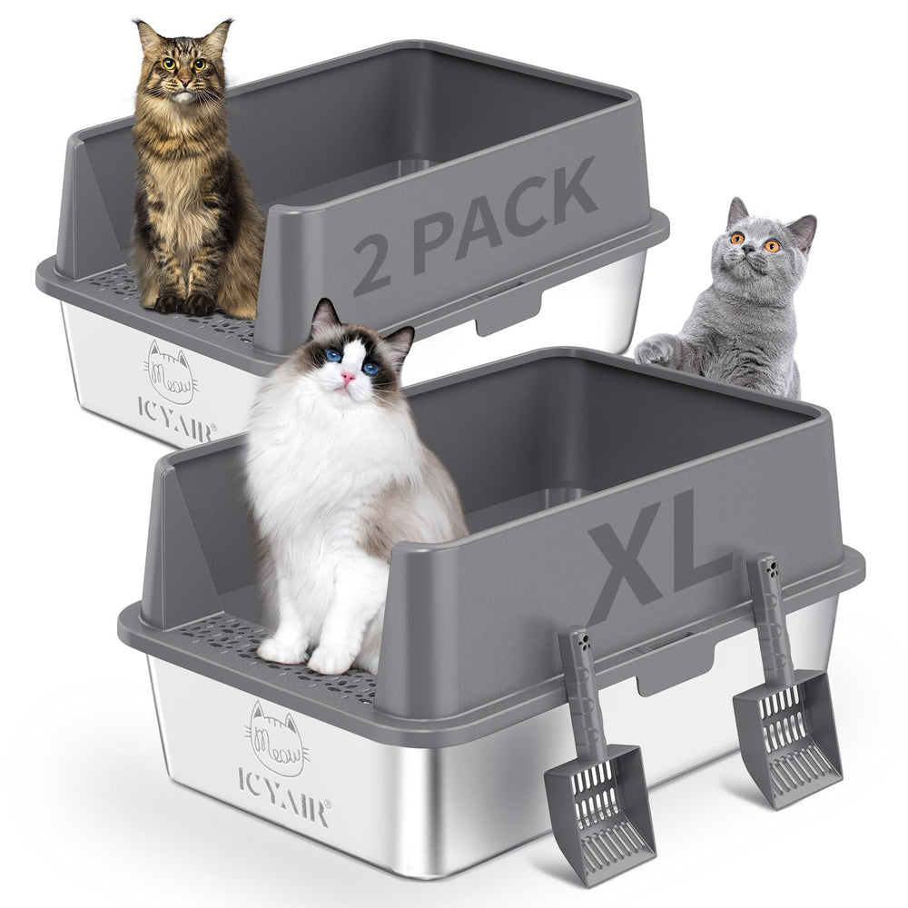 ICYAIR two-pack stainless steel litter box; high sides prevent spills.