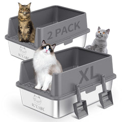 ICYAIR two-pack stainless steel litter box; high sides prevent spills.