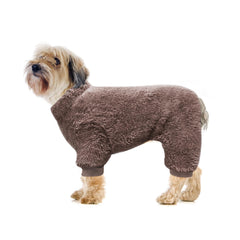 Idepet velvet dog pajamas brown full-body shot, snug winter wear for small dogs and cats.