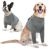 IDOMIK Dog Recovery Suit front legs on grey fabric helps shield wounds during recovery.