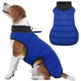 IDOMIK dog winter coat front view in blue showing harness hole for easy on off