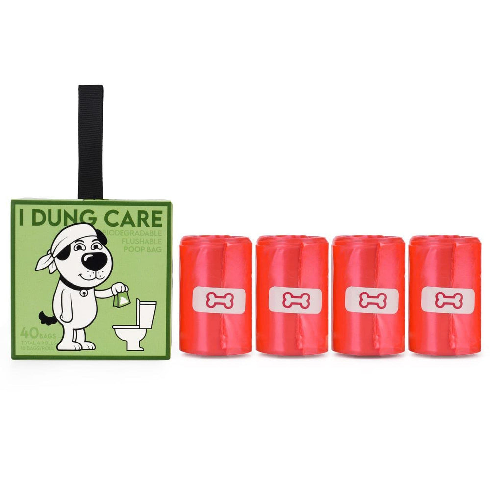 I Dung Care flushable poop bags packaging shows eco-friendly materials for convenient disposal.