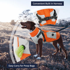 IECOii dog coat with harness orange back view highlighting reflective safety.