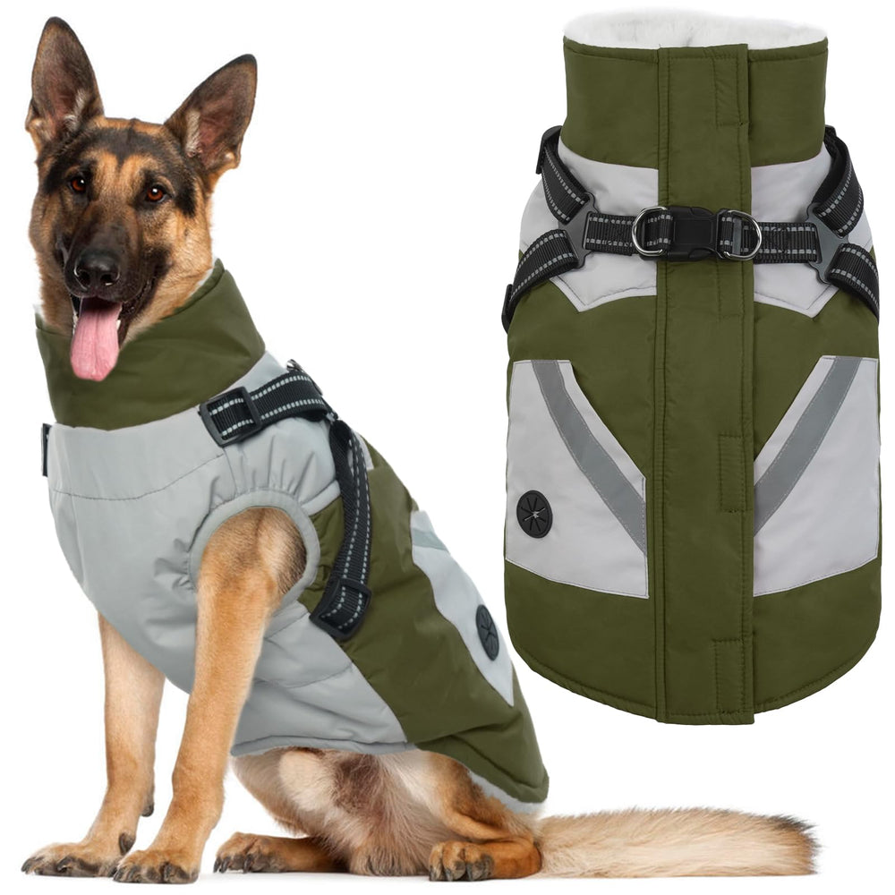 IECOii dog jacket back view shows XXXL warmth for cold-weather walks.