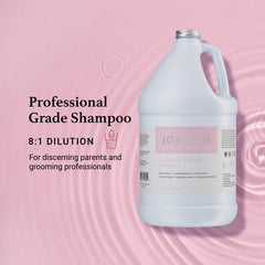 iGroom Luxury Pet Care Shampoo bottle shows premium grooming product for home grooming