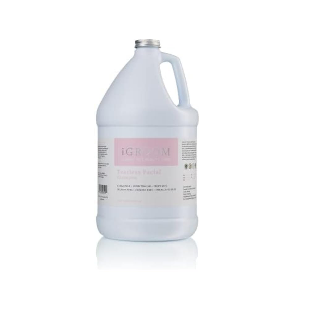iGroom Tearless Facial Shampoo bottle closeup shows gentle tearless formula for sensitive eyes and first baths