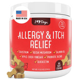 iHeartDogs allergy-relief-salmon-oil bottle pour shows comfort during seasonal changes.