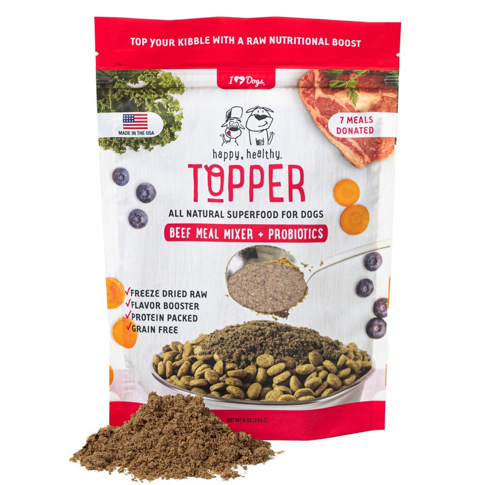 iHeartDogs beef freeze-dried-topper jar enhances kibble flavor and nutrition.